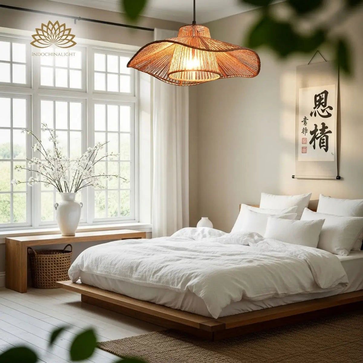Japanese Weaving Hemp Rope Pendant Light in bedroom, 15.7-inch shade above the nightstand with its woven brim softening the glow for reading in place of a lamp