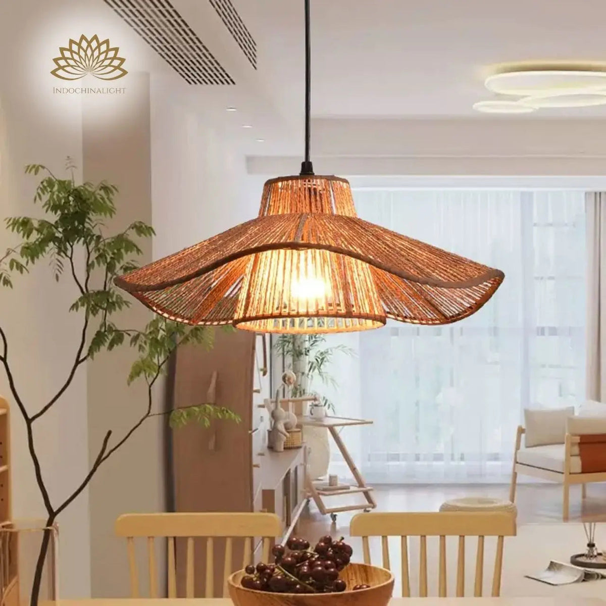 Japanese Weaving Hemp Rope Pendant Light in dining room, 19.7-inch shade above the tabletop lighting place settings evenly without the bulb in a guest's line of sight