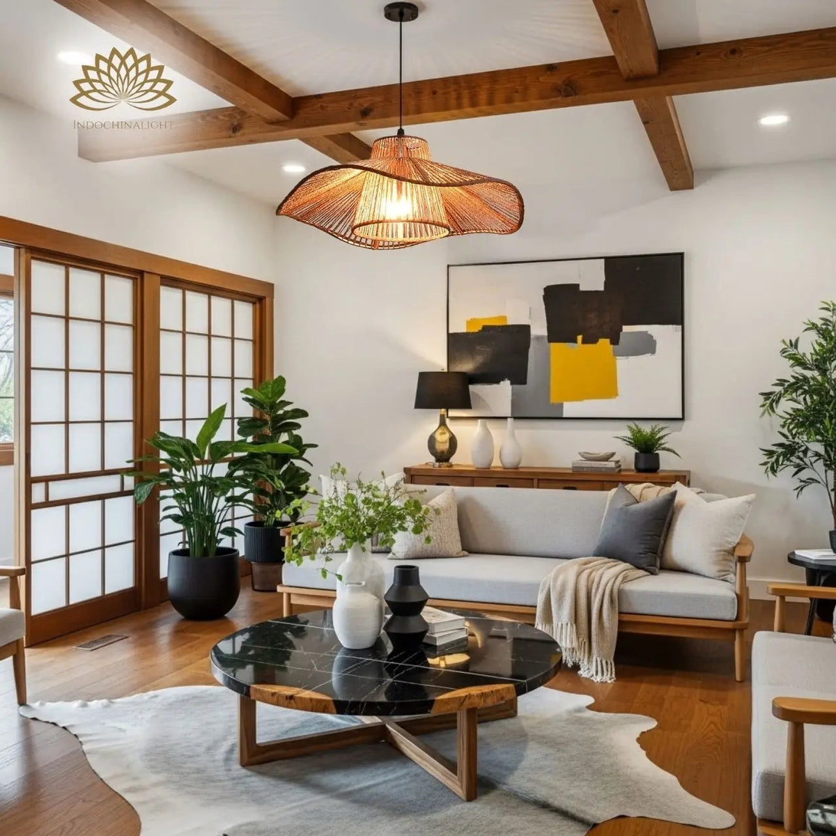 Japanese Weaving Hemp Rope Pendant Light in living room, 23.6-inch flared brim acting as a centerpiece spreading ambient light toward the sofa under an 8-9 ft ceiling