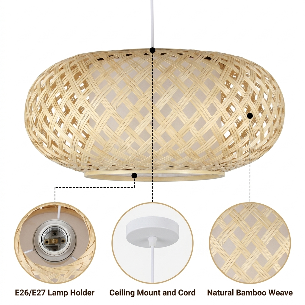 Joyce Woven Bamboo Pendant Light with open basket lattice weave and inner diffuser layer, natural matte finish, adjustable cord mount, one E26 socket for warm glow