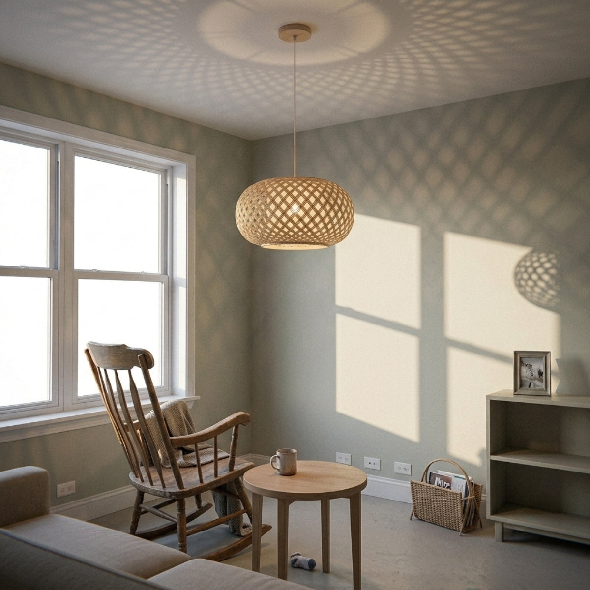 Joyce Woven Bamboo Pendant Light in living room, Large 23.6-inch shade anchoring the seating area as a centerpiece with 7-8 feet of clearance over the coffee table