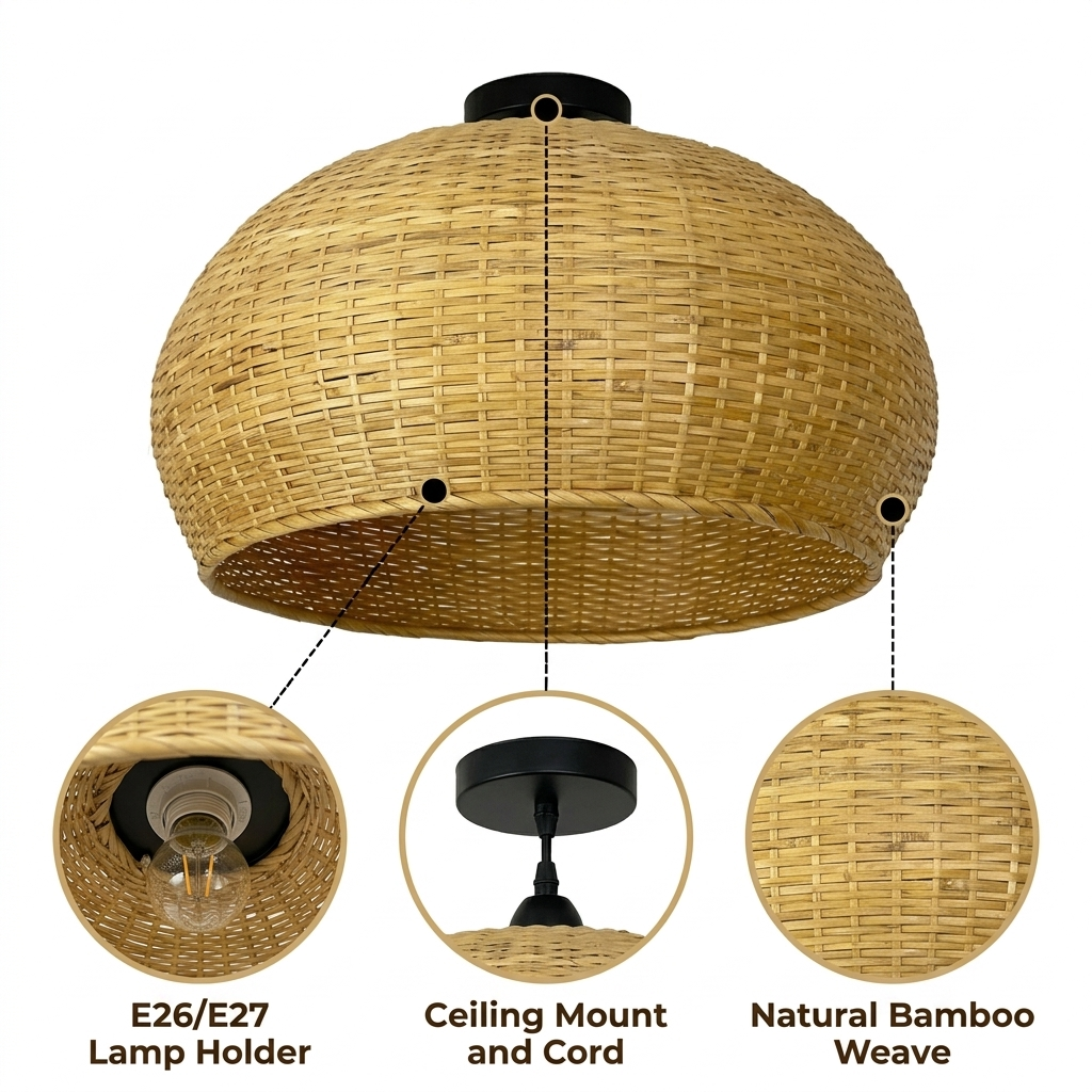 Juanita Wabi Sabi Dome Wicker Bamboo Ceiling Light with open-weave bamboo wicker dome silhouette, natural matte finish, flush ceiling mount, one E26 socket