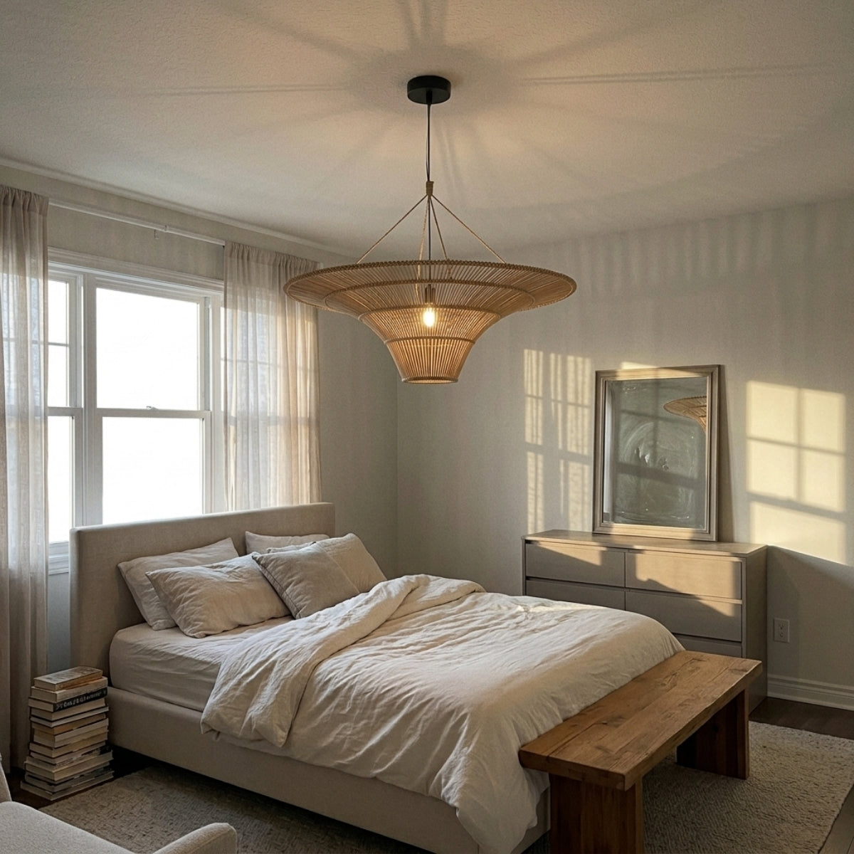 Junita Wabi Sabi Wide Saucer Rattan Ceiling Light in bedroom, smallest 23.6-inch saucer beside the bed casting a soft glow through its open weave in place of a lamp