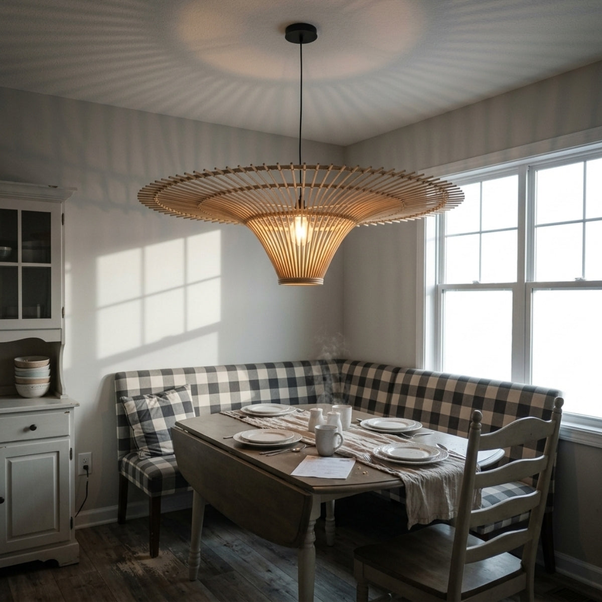 Junita Wabi Sabi Wide Saucer Rattan Ceiling Light in dining room, 31.5-inch or 39.4-inch saucer spreading light evenly across the tabletop without glaring into eyes