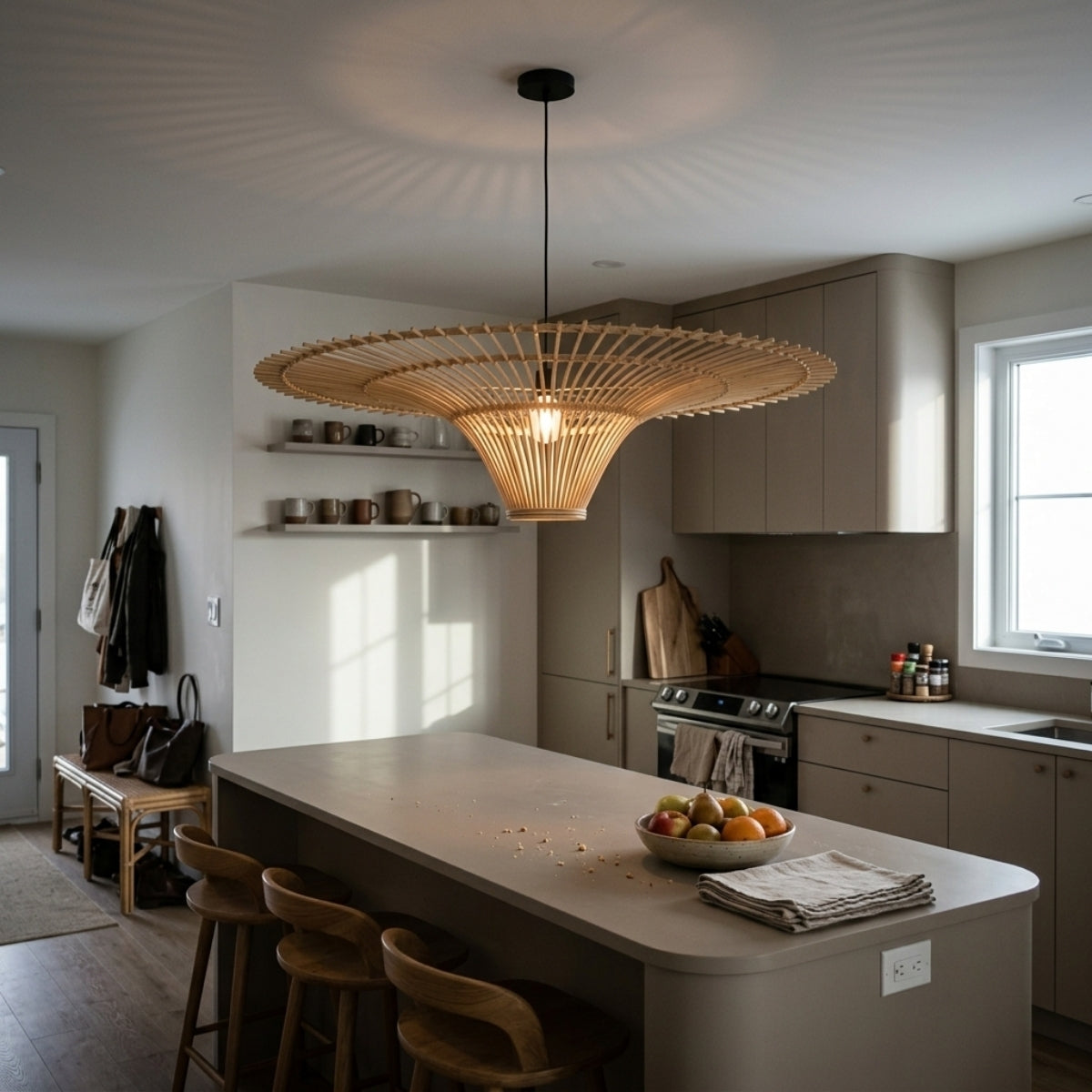 Junita Wabi Sabi Wide Saucer Rattan Ceiling Light in kitchen island, three 23.6-inch saucers spaced along the counter lighting the island evenly without crowding it