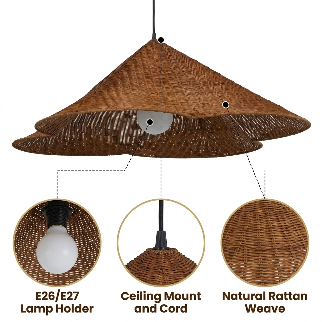 Kalani Scallop Rattan Pendant Light Cone Shade with tight wicker weave, brown matte finish, flared conical shape, adjustable cord mount, one E26 socket for task light