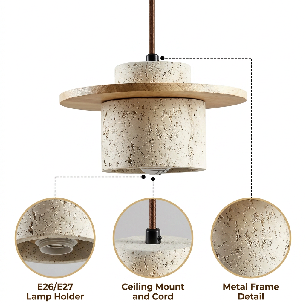 Kanso Wabi Sabi Travertine and Wood Pendant Light with hand-shaped solid stone and wood cylinder, natural matte finish, cord mount, one E26 socket for balanced glow
