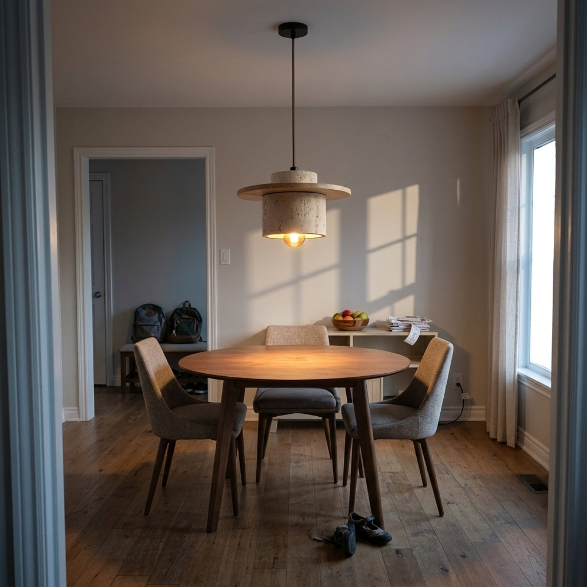 Kanso Wabi Sabi Travertine and Wood Pendant Light in dining room, a row of stone cylinders above the tabletop with opaque stone shielding the bulb at eye level