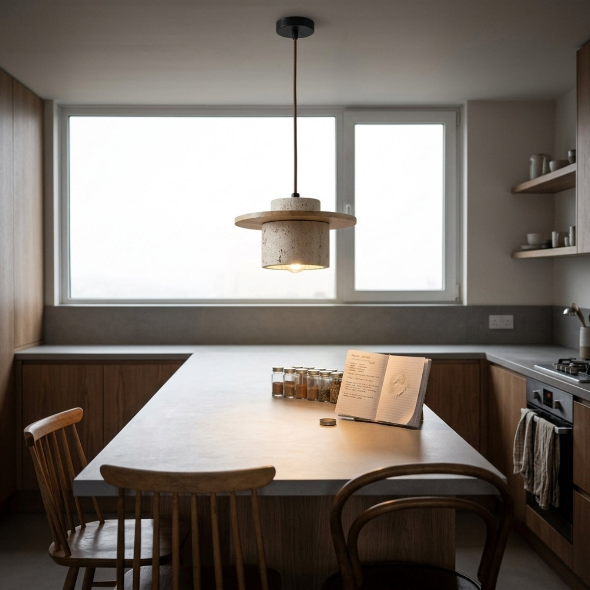 Kanso Wabi Sabi Travertine and Wood Pendant Light in kitchen island, clustered stone cylinders in a row casting warm higher-output light on the work surface