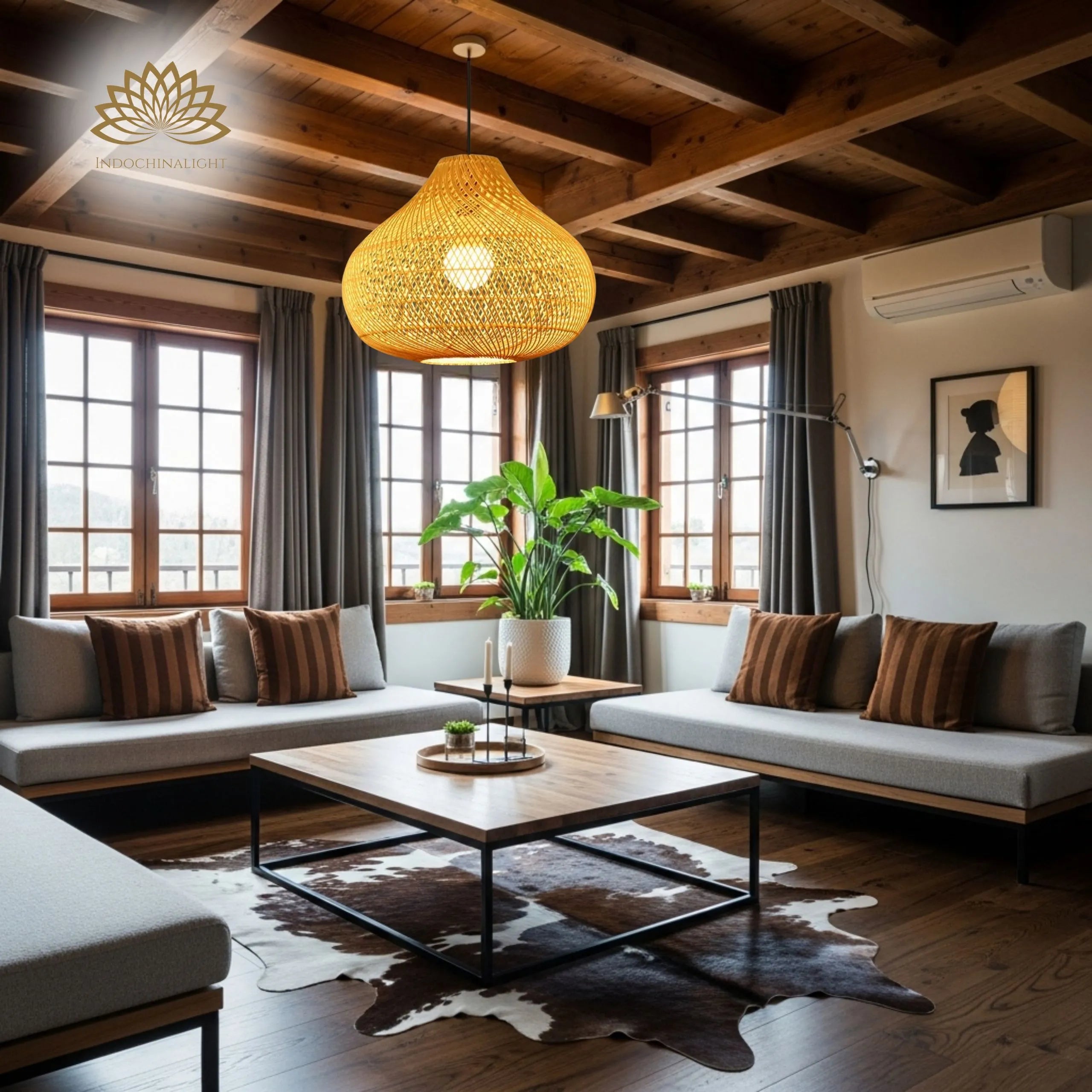 Karjearl Rattan Pendant Light hanging in living room