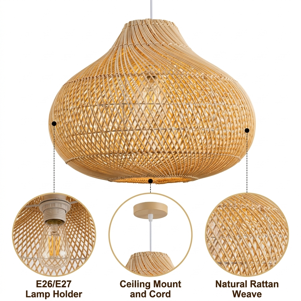 Karjearl Rattan Pendant Light with diamond lattice rattan weave in a bulbous onion taper shape, natural matte finish, cord mount, one E26 socket for ambient glow