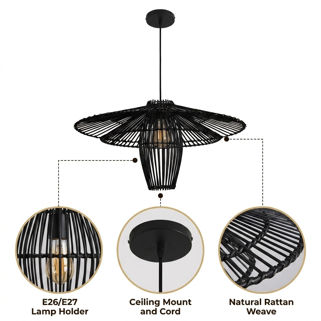 Kasa Large Black Rattan Pendant Light with horizontal slat weave in tiered rattan rings, black matte finish, tiered mushroom dome, cord mount, one E26 socket