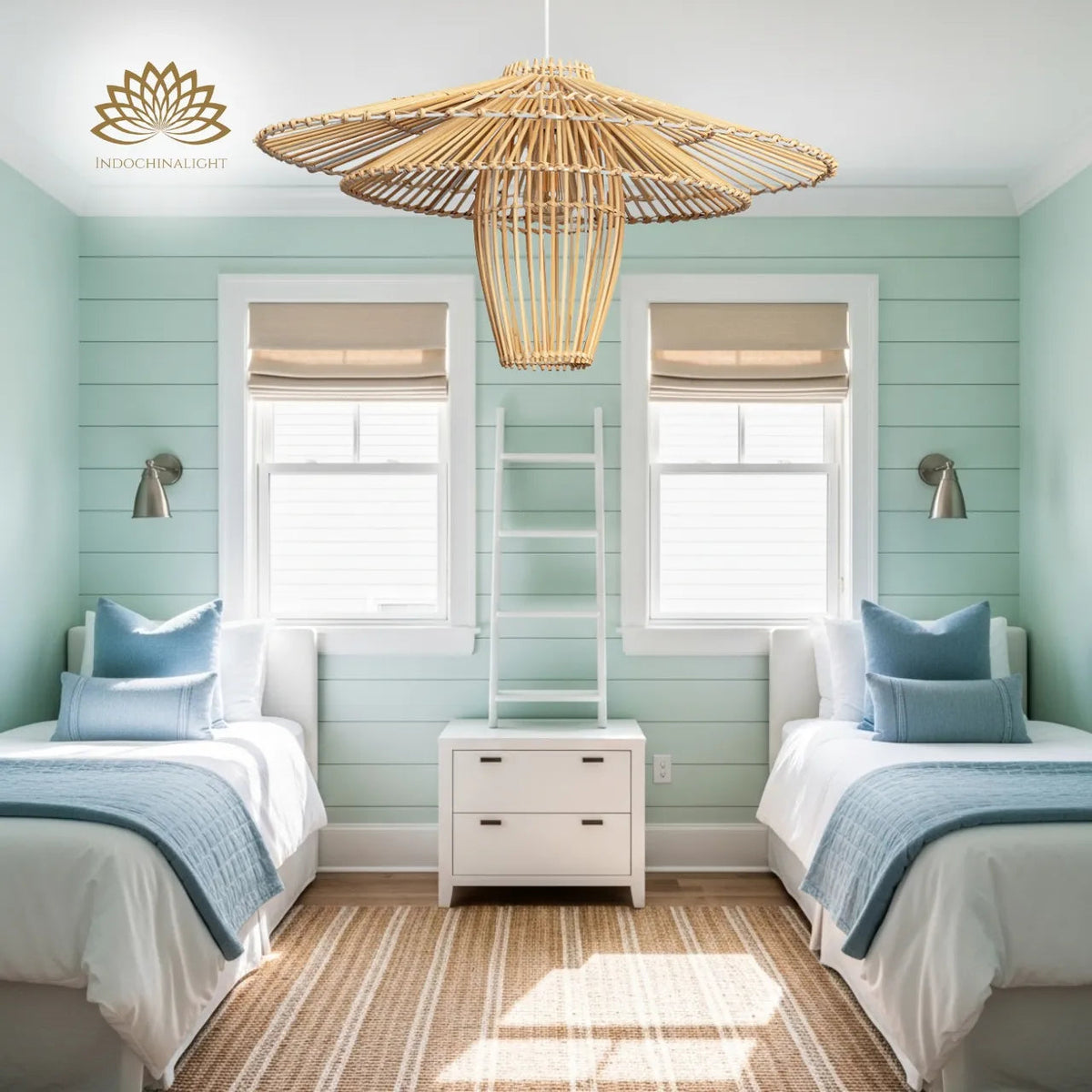 Kasa Large Black Rattan Pendant Light in bedroom, compact 15.7-inch shade working as a bedside pendant with woven rattan keeping the glow soft at close range