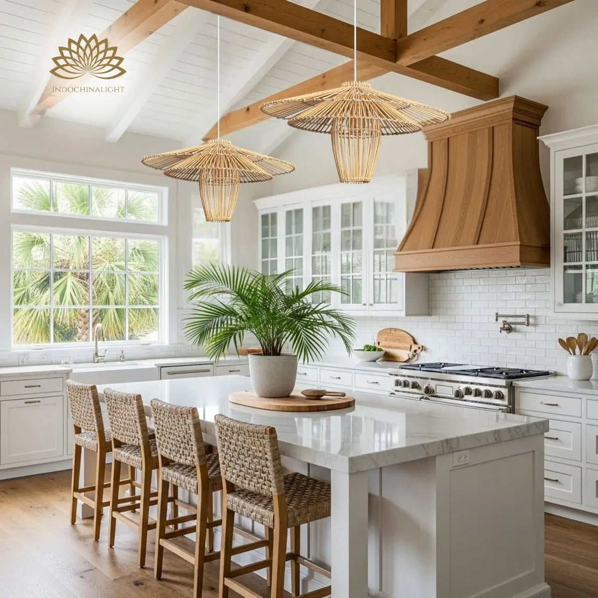 Kasa Large Black Rattan Pendant Light in kitchen island, cluster of 19.7-inch tiered shades spanning the island keeping light even across the counter for prep work