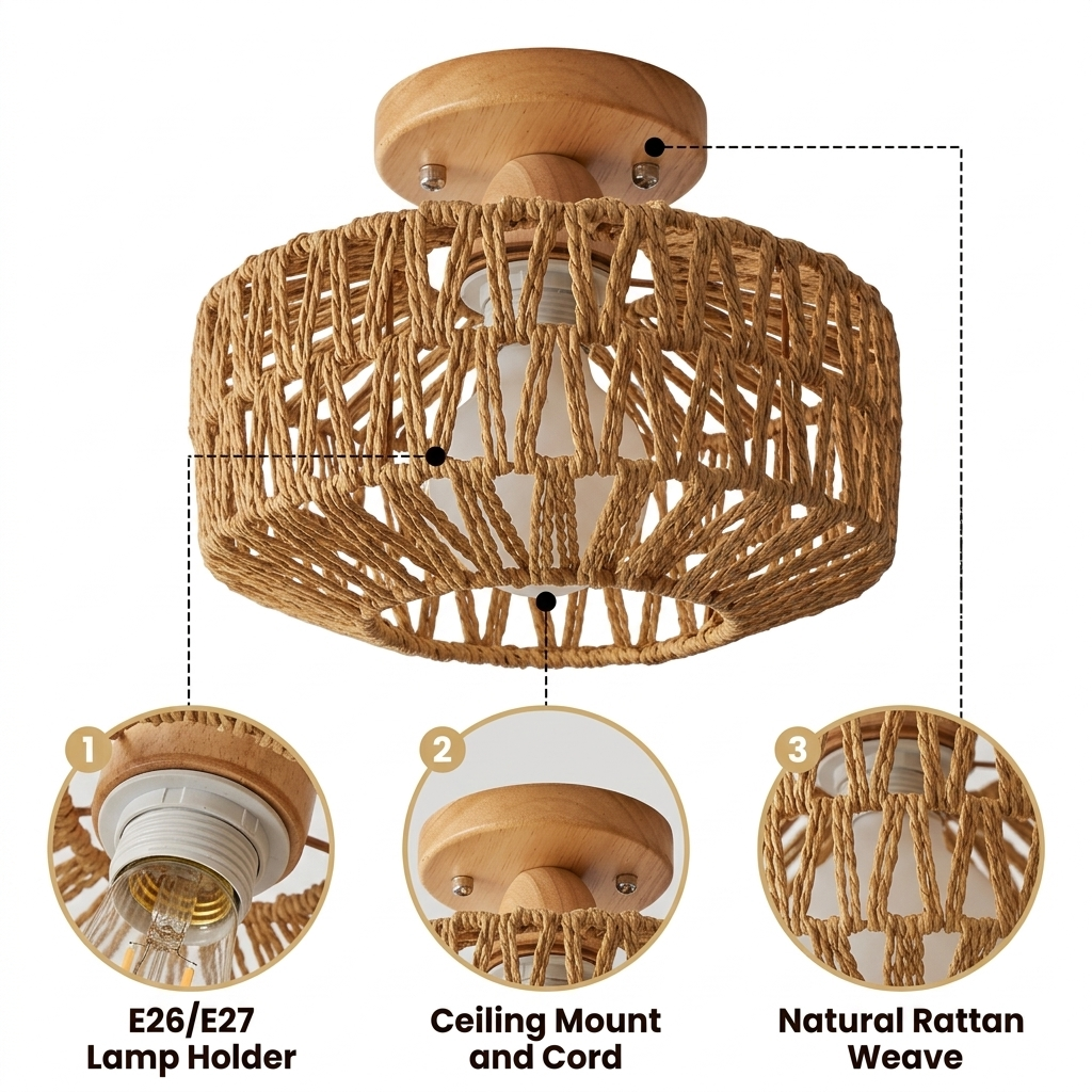 Kenmi Boho Rattan Drum Ceiling Light with dense basket rattan weave, brown matte finish, semi-flush ceiling mount, one E26 socket for soft balanced glow