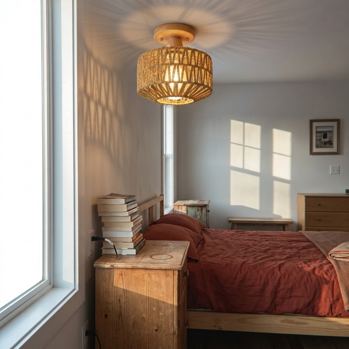 Kenmi Boho Rattan Drum Ceiling Light in bedroom, compact 9.4-inch drum swapped in for a bedside lamp with its dense weave keeping light soft at low output