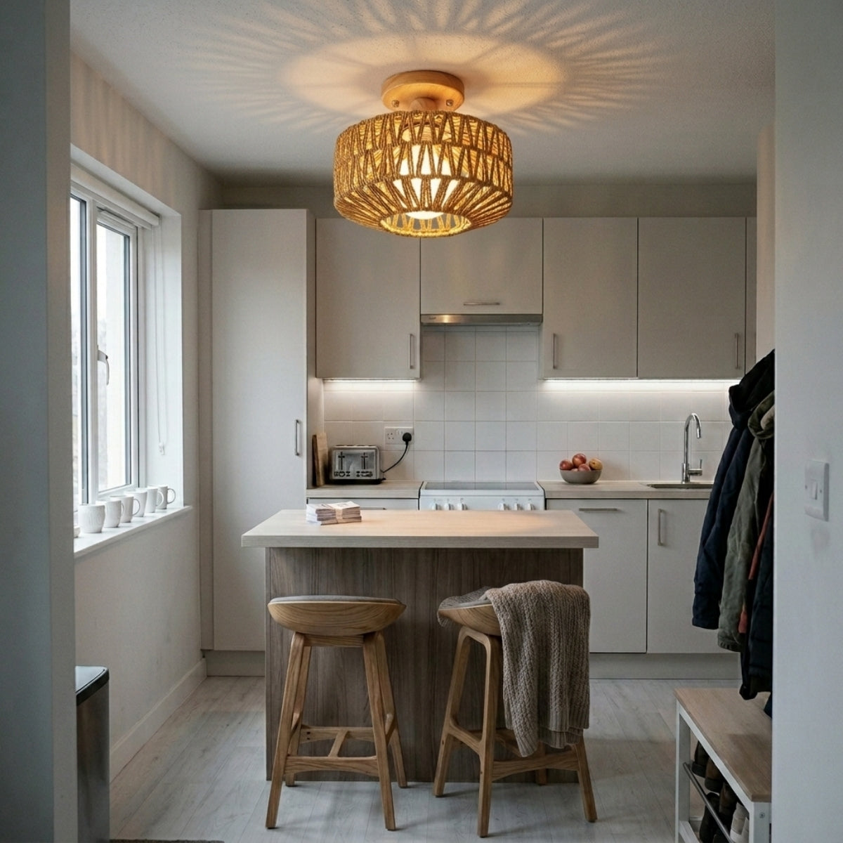 Kenmi Boho Rattan Drum Ceiling Light in kitchen island, clustered 9.4-inch drums spaced along the counter since one fixture alone covers only a small work area