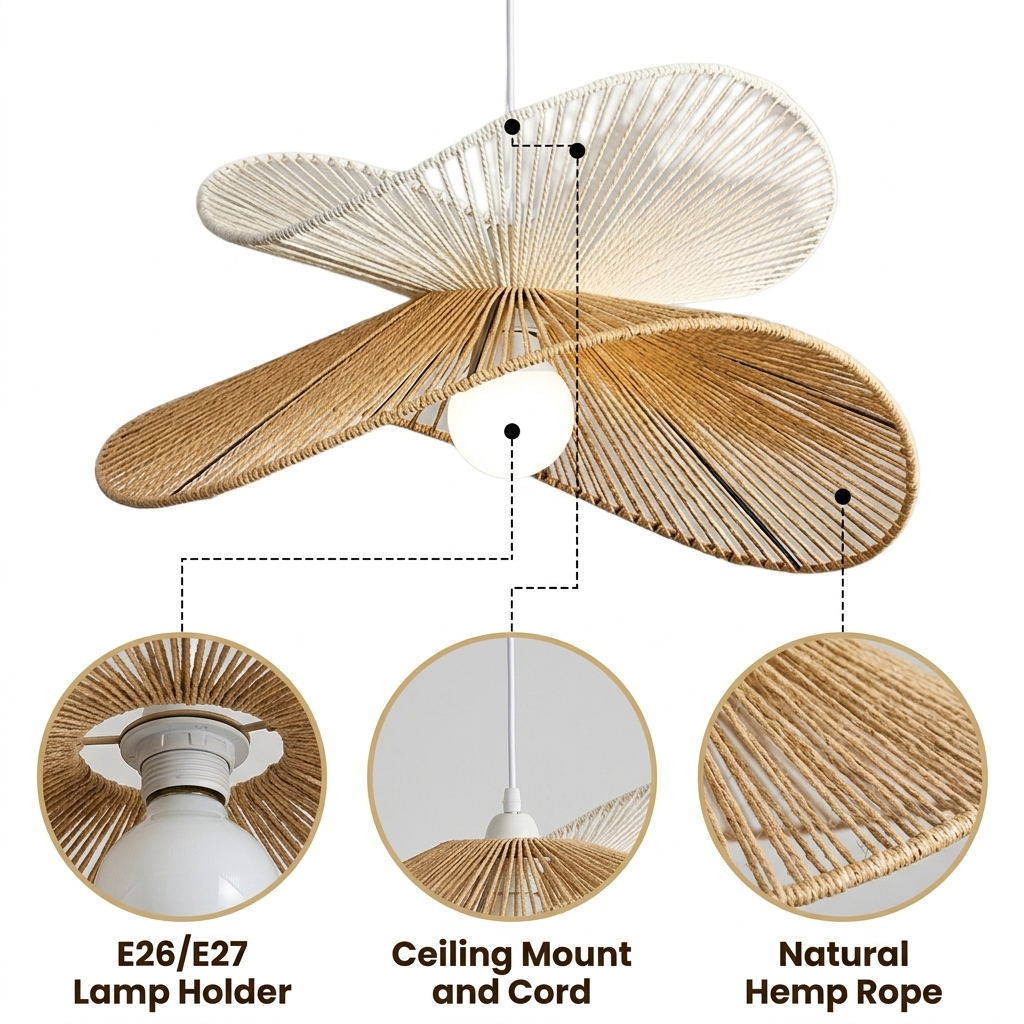 Kiriana Wabi Sabi Hemp Rope Pendant Light with double-layered hand-wrapped hemp rope over a wide organic dome frame, white matte finish, cord mount, one E26 socket