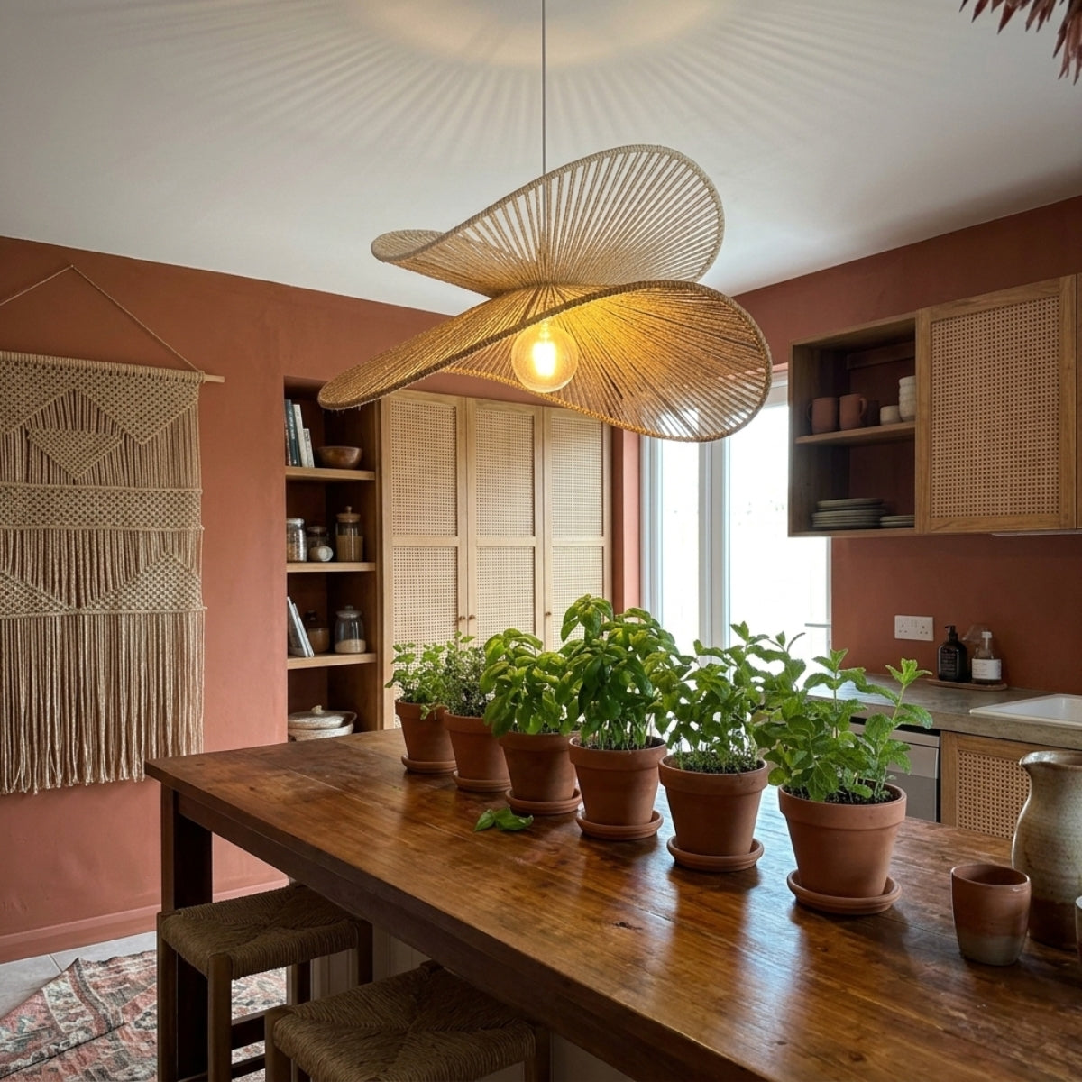 Kiriana Wabi Sabi Hemp Rope Pendant Light above kitchen island, hemp rope pinwheel frame with bare bulb glow over travertine counter and rush-seat stools
