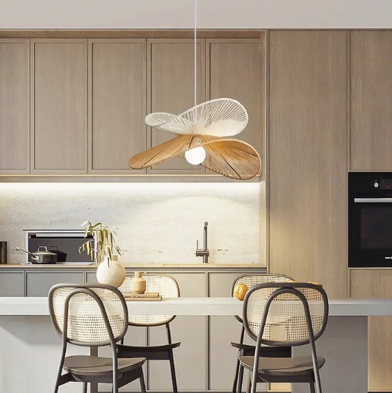 Kiriana Wabi Sabi Hemp Rope Pendant Light in dining room, 23.6-inch dome centered over a six-seat table, its open hemp weave softening the glow instead of glaring
