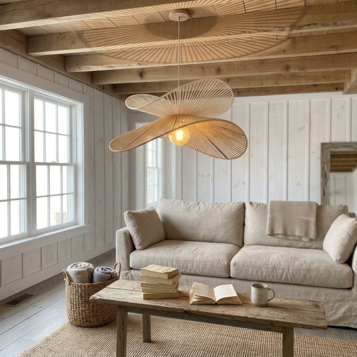 Kiriana Wabi Sabi Hemp Rope Pendant Light in living room, jute and cream hemp rope pinwheel frame glowing above the oatmeal linen sofa and coffee table