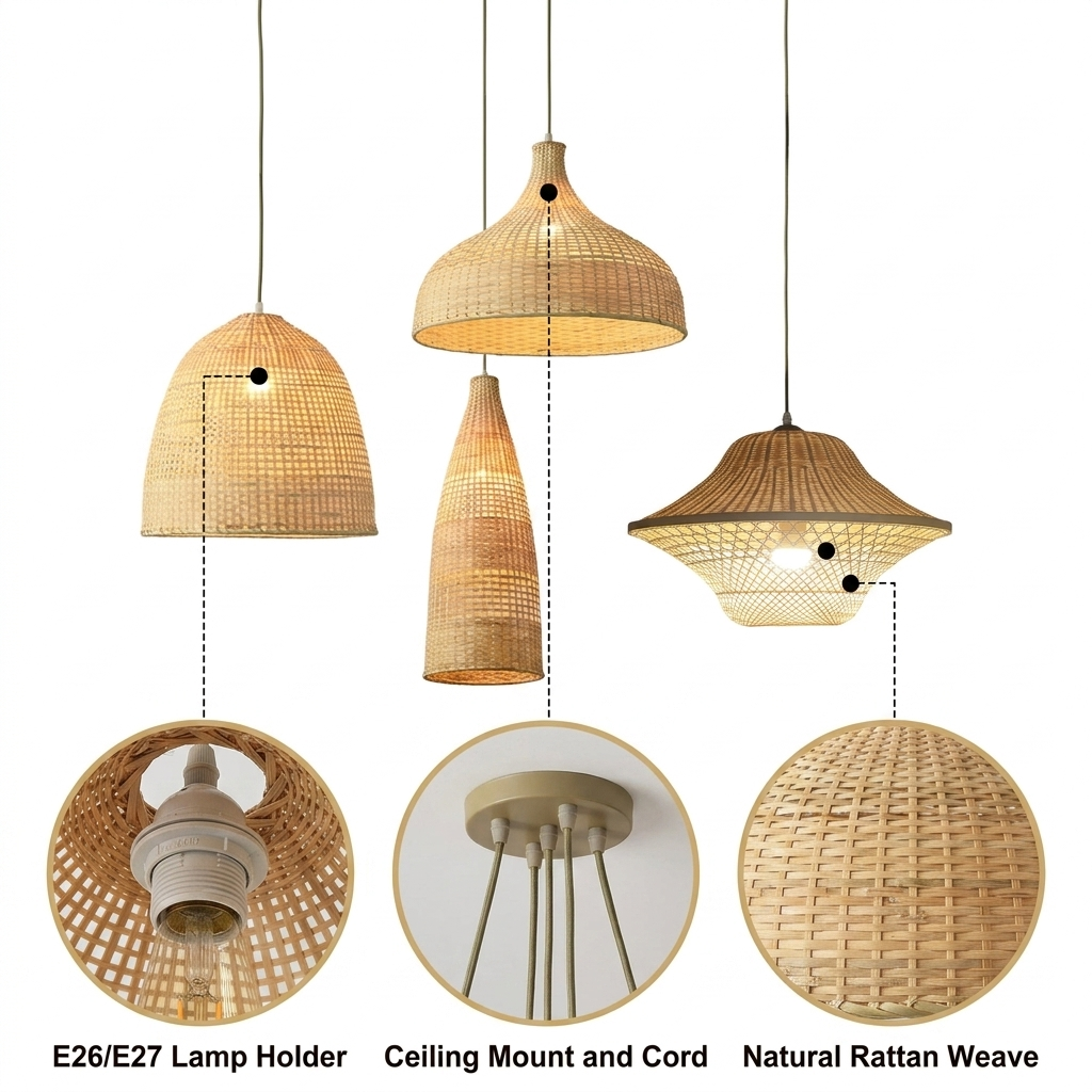 Kirsal Rattan Basket Pendant Light with open plain-weave basket rattan, natural or black matte finish, adjustable swag or hardwired mount, one E26 socket for warm ambient glow