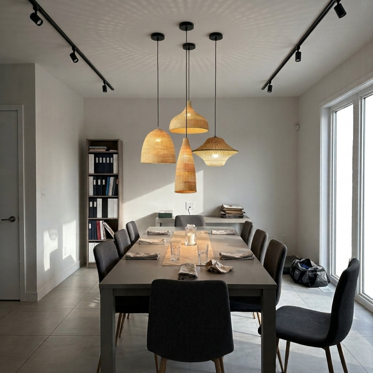 Kirsal Rattan Basket Pendant in dining room, round basket dome spreads light evenly across the table without glare at eye level from a 30-36 inch drop