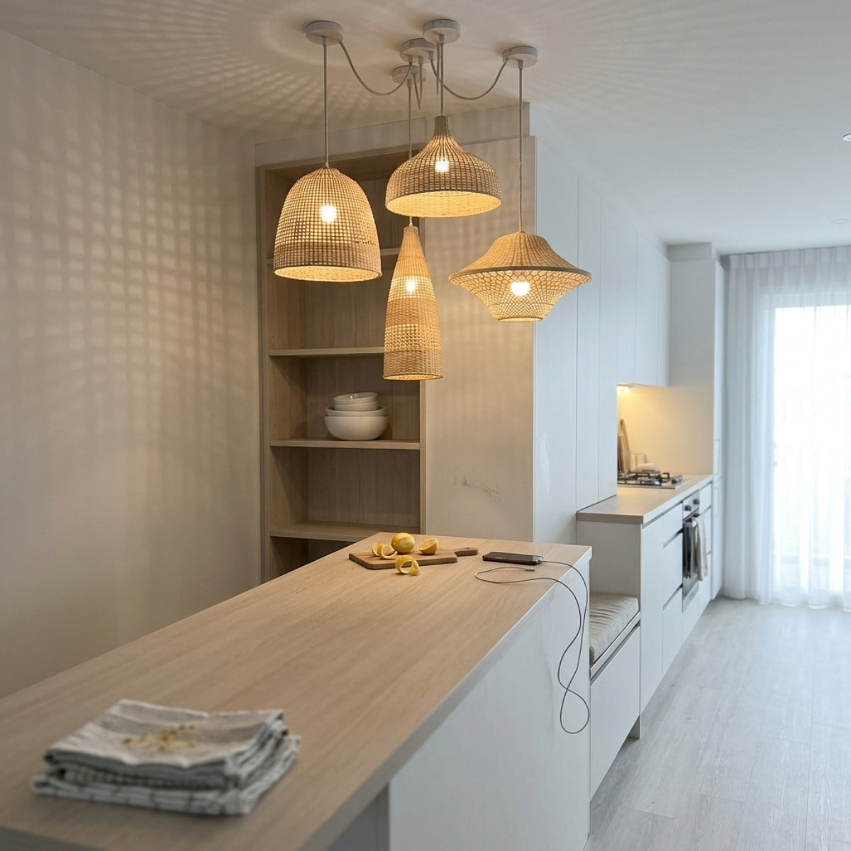 Kirsal Rattan Basket Pendant over kitchen island, clustered narrow baskets add vertical rhythm and open sightlines across the counter with even woven light