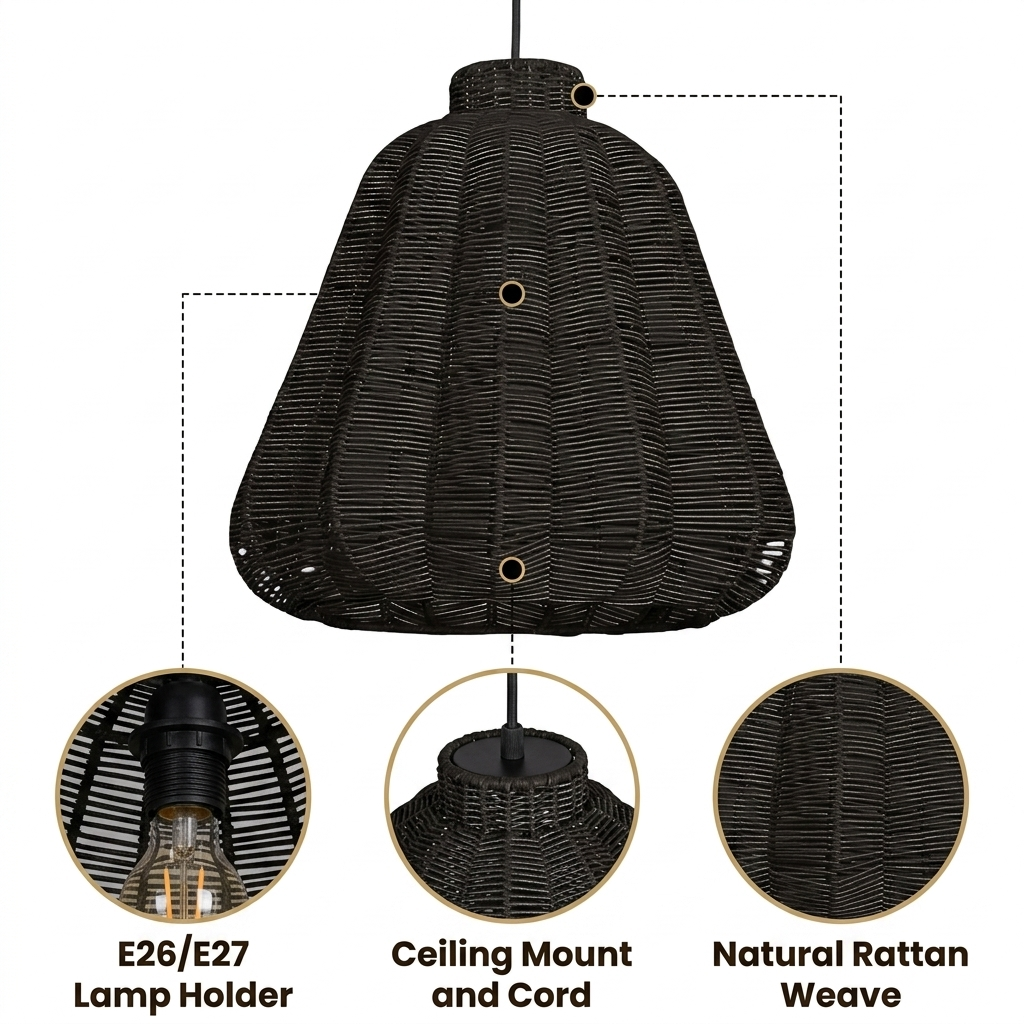 Kmart Black Wicker Rattan Pendant Light with vertical ribbed rattan strip weave, black or natural matte finish, adjustable swag or hardwired mount, one E26 socket for ambient glow