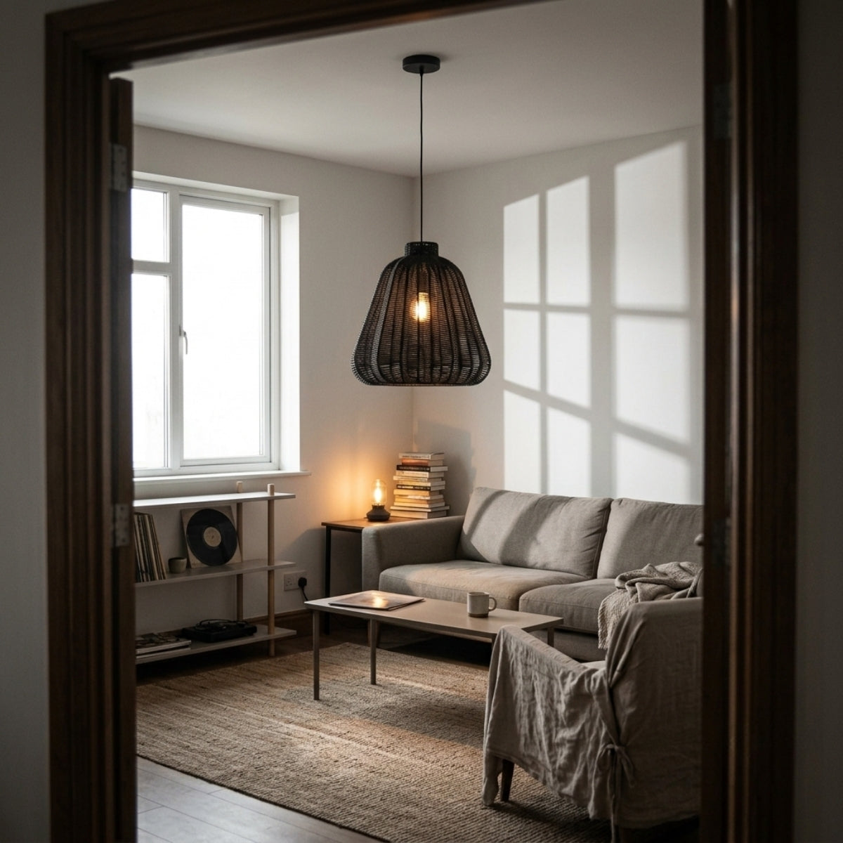 Kmart Black Wicker Rattan Pendant in living room, ribbed bell shade works as a centerpiece over the coffee table, casting ambient rather than direct light