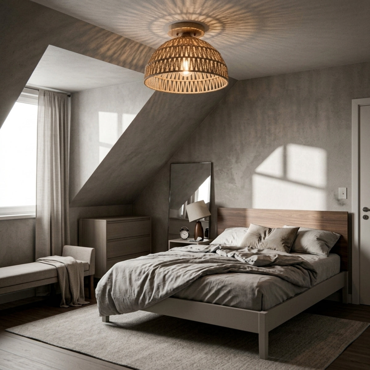 Kojanyu Woven Dome Rattan Ceiling Light in bedroom, low dome replaces a table lamp beside the bed, casting a soft honeycomb glow across the ceiling at night
