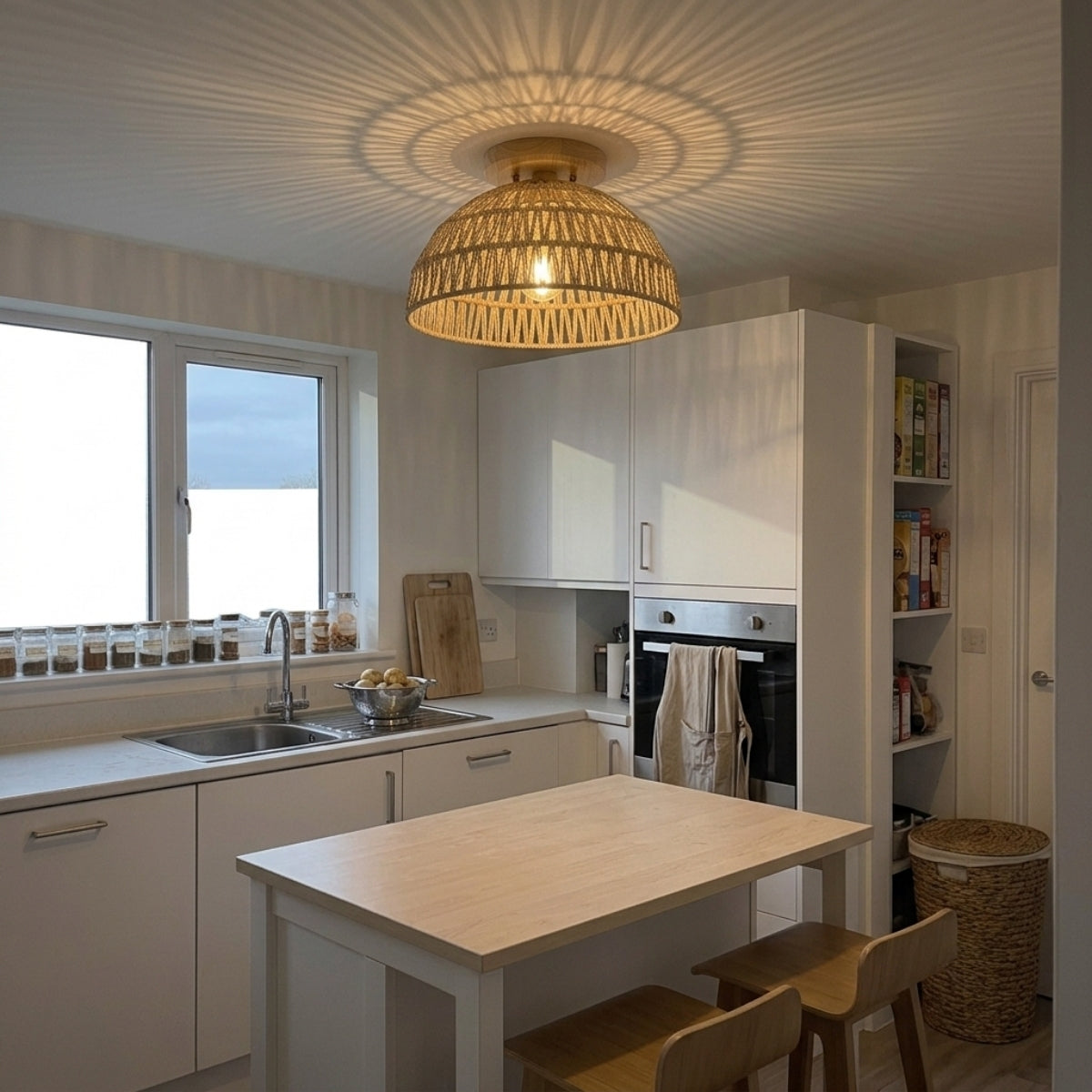 Kojanyu Woven Dome Rattan Ceiling Light over kitchen island, clustered low domes spaced evenly avoid one fixture reading as centerpiece over the work surface