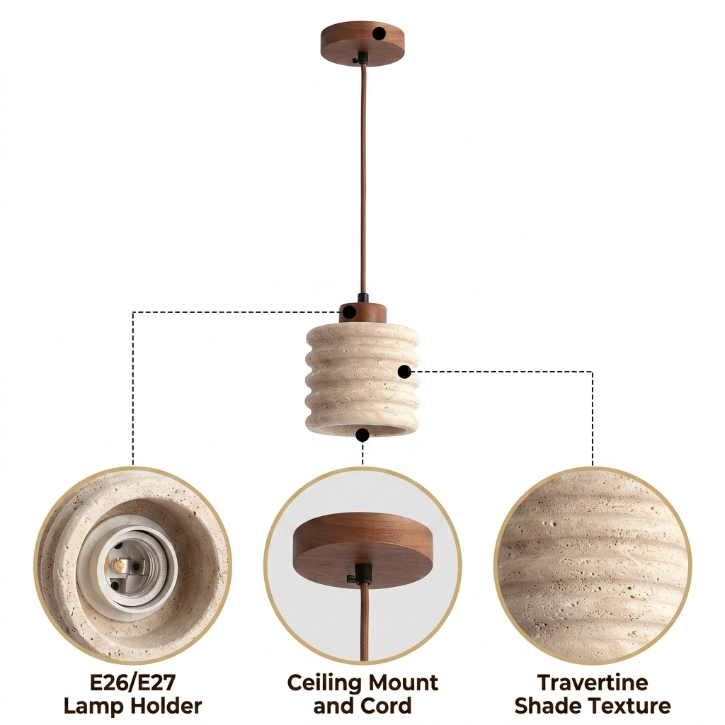 Komei Retro Wabi Sabi Travertine Stone Pendant with hand-carved ridged stone banding, natural matte finish, adjustable swag or hardwired mount, one E26 socket for balanced glow