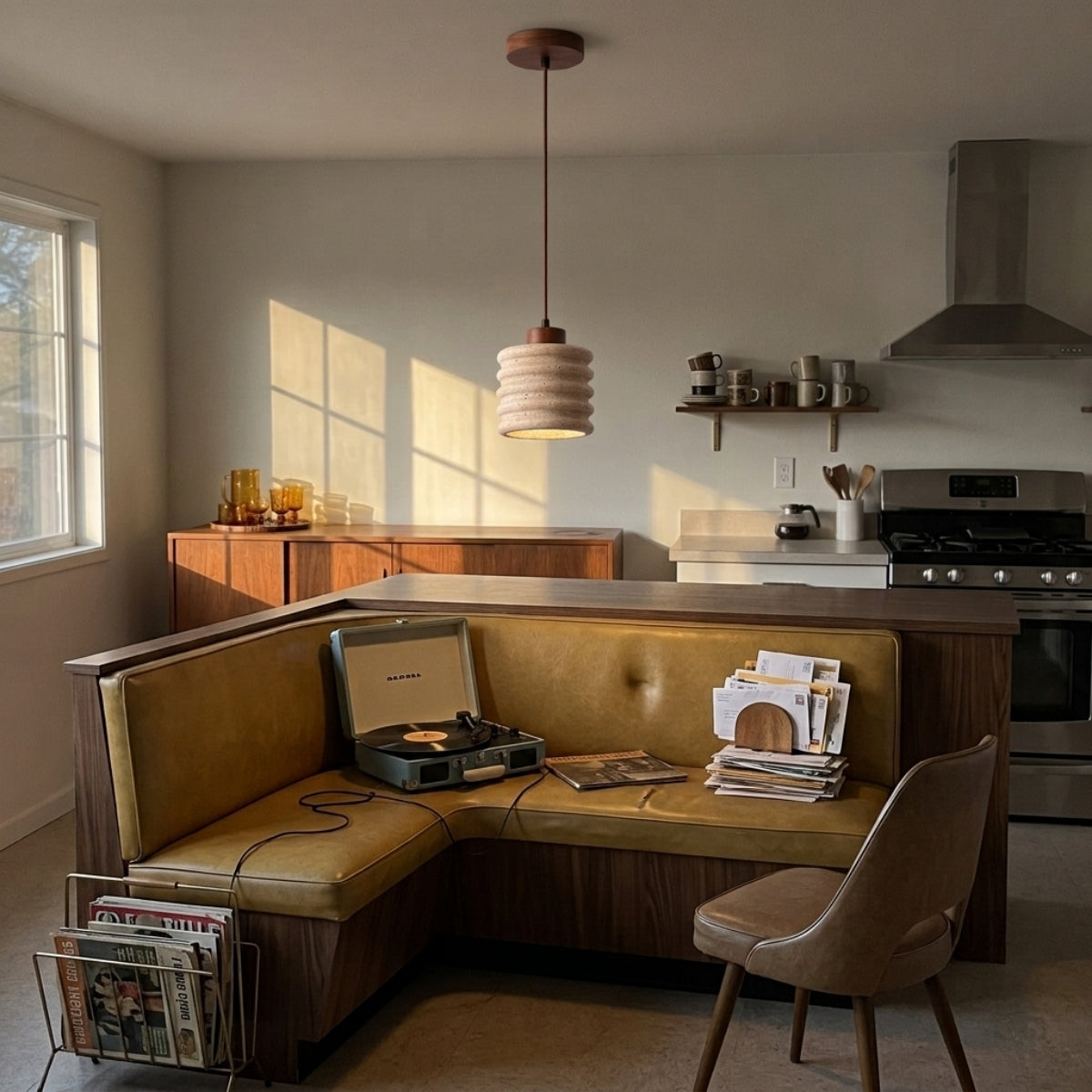 Komei Travertine Stone Pendant Light over kitchen island, clustered mini pendants spaced apart deliver combined output over the prep surface without blocking sightlines