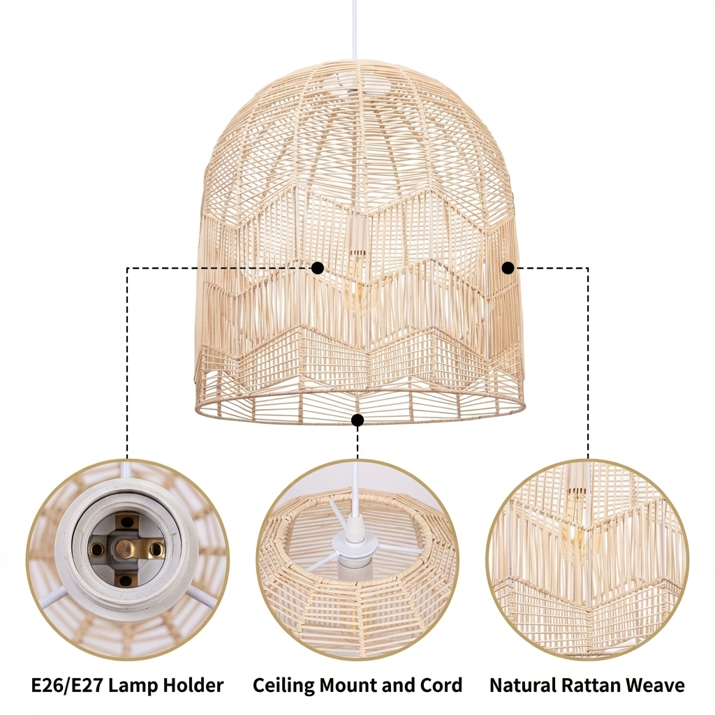 Lace Boho Rattan Pendant Light with open lattice weave and geometric lace cutouts, natural or black matte finish, adjustable swag or hardwired mount, one E26 socket for ambient glow