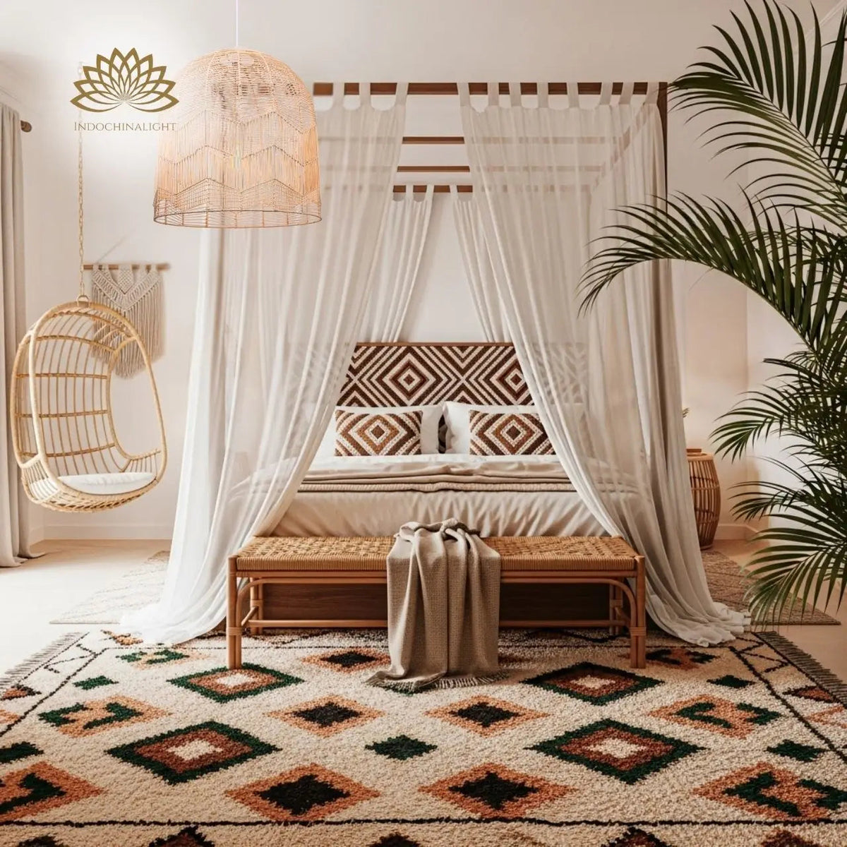 Lace Boho Rattan Pendant in bedroom, open-weave shade sits beside the bed without crowding the nightstand, throwing a soft glow instead of a direct beam