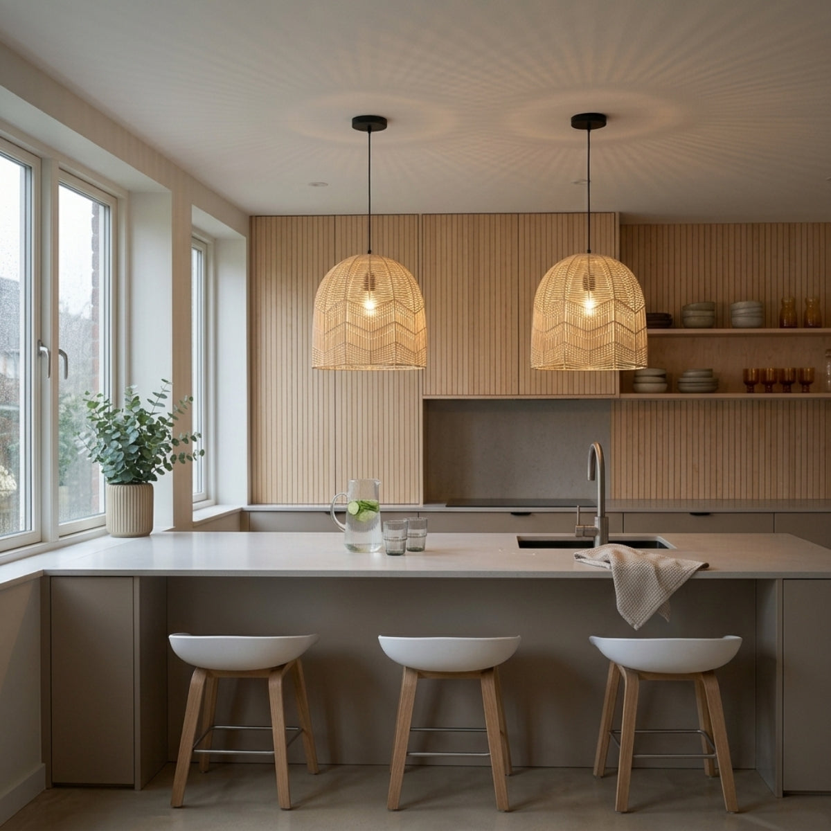 Lace Boho Rattan Pendant Light over kitchen island, clustered open-weave bell shades casting delicate geometric lace shadow patterns across a quartz prep counter