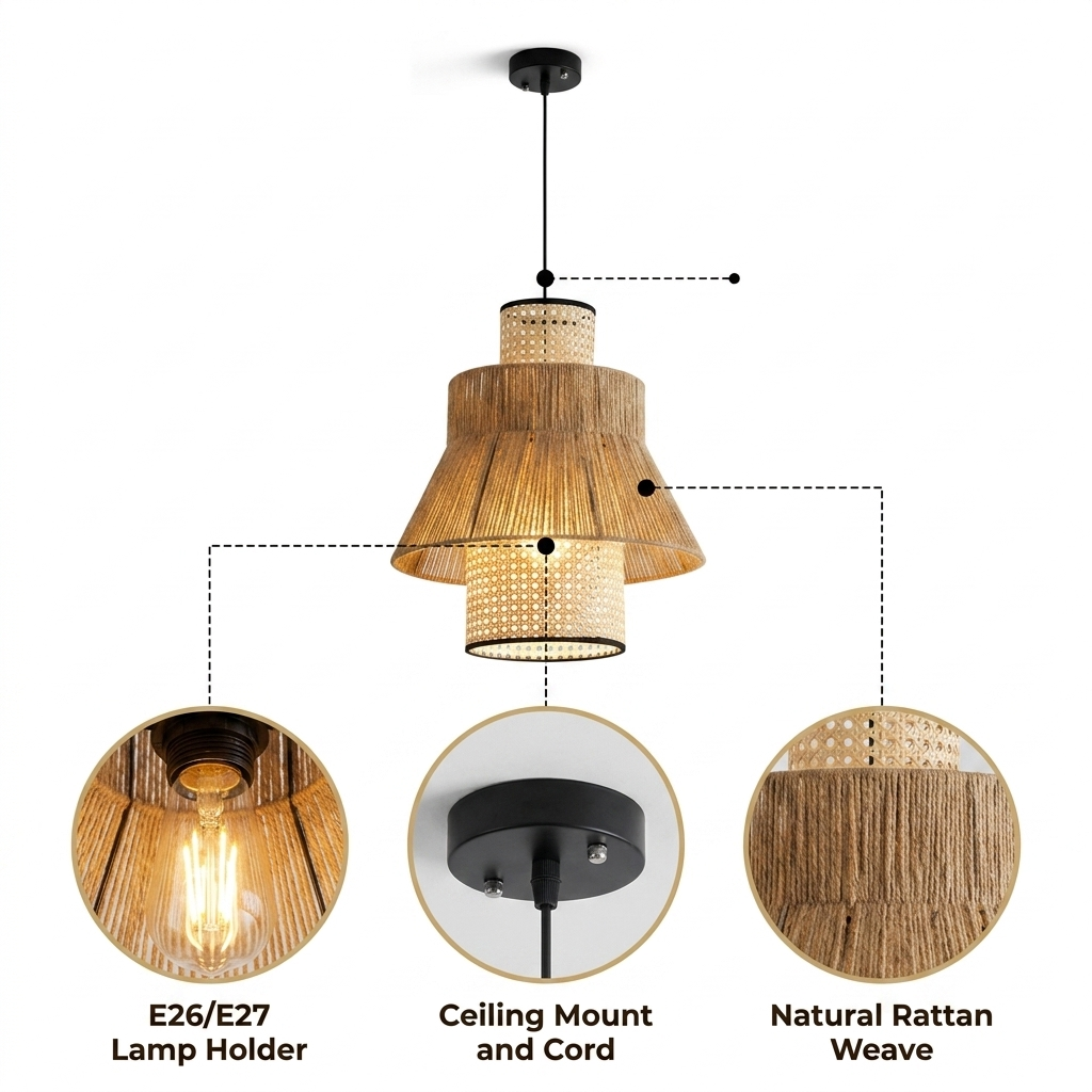 Laika Small Tiered Rattan Pendant Light with open tiered weave and flared lower skirt, natural matte finish, adjustable swag or hardwired mount, one E26 socket for balanced glow