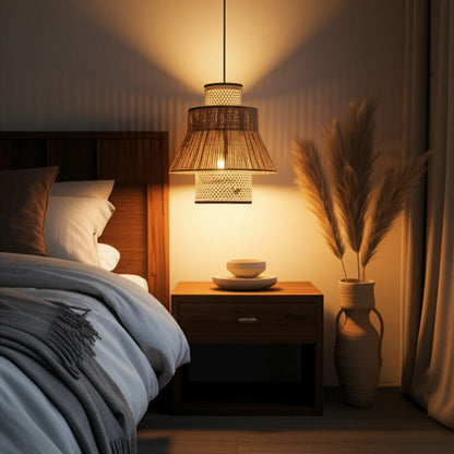 Laika Tiered Rattan Pendant Lamp hanging in Cozy bedroom