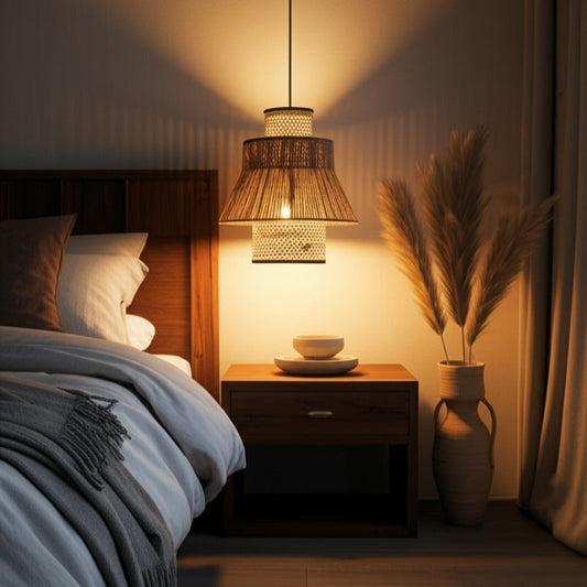 Laika Tiered Rattan Pendant Lamp hanging in Cozy bedroom