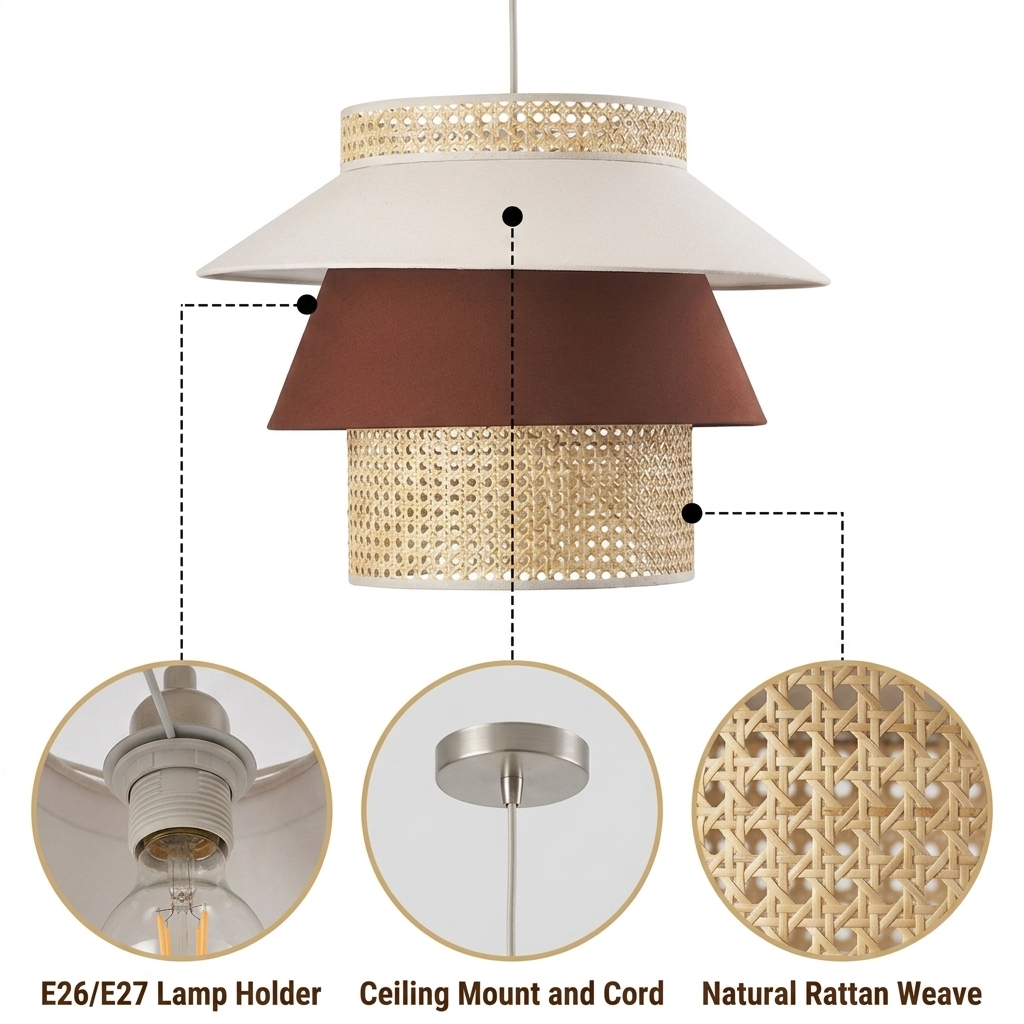 Lampa Tiered Rattan Pendant Light with hand-woven open basket weave across three tiers, natural matte finish, adjustable swag or hardwired mount, one E26 socket for balanced glow