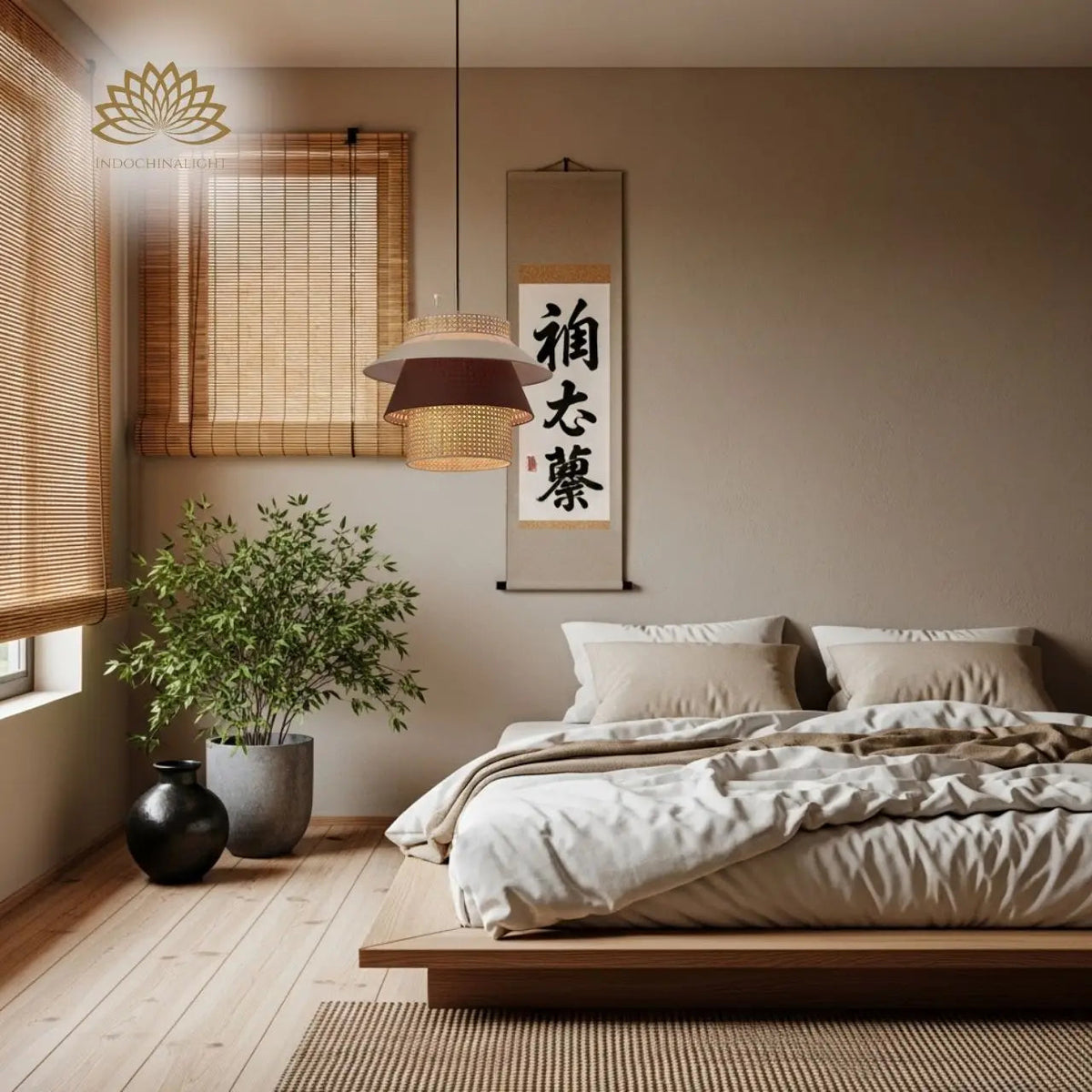 Lampa Tiered Rattan Pendant in bedroom, compact tier hangs beside the headboard, freeing nightstand space without crowding the sightline near the bed