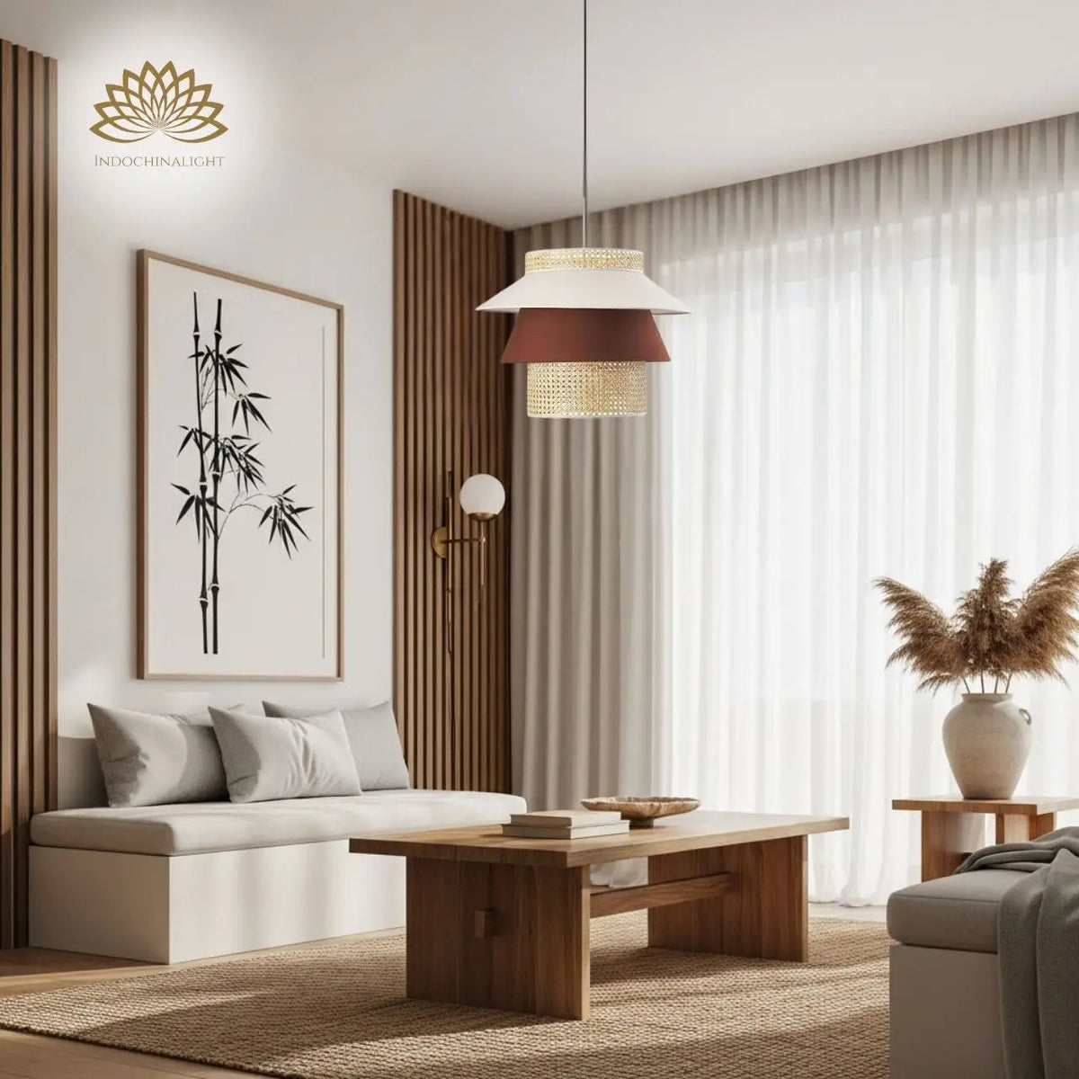 Lampa Tiered Rattan Pendant in living room, largest tier reads as a centerpiece over the coffee table, its layered rattan casting shadow bands across seating