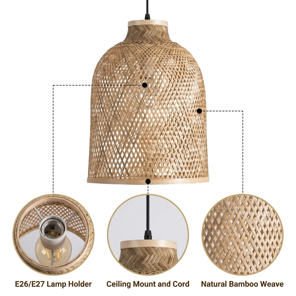 Lampada Natural Bamboo Pendant Light Shade with diamond lattice basket-weave openwork, natural matte finish, adjustable swag or hardwired mount, one E26 socket for ambient glow