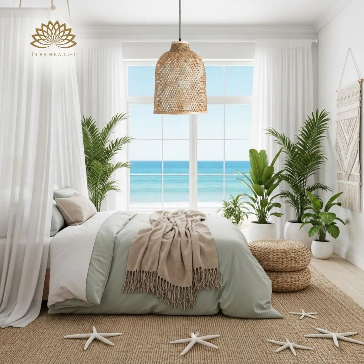 Lampada Natural Bamboo Pendant in bedroom, narrow bell shade pair sits bedside, its diamond lattice clearing the nightstand without crowding the corner
