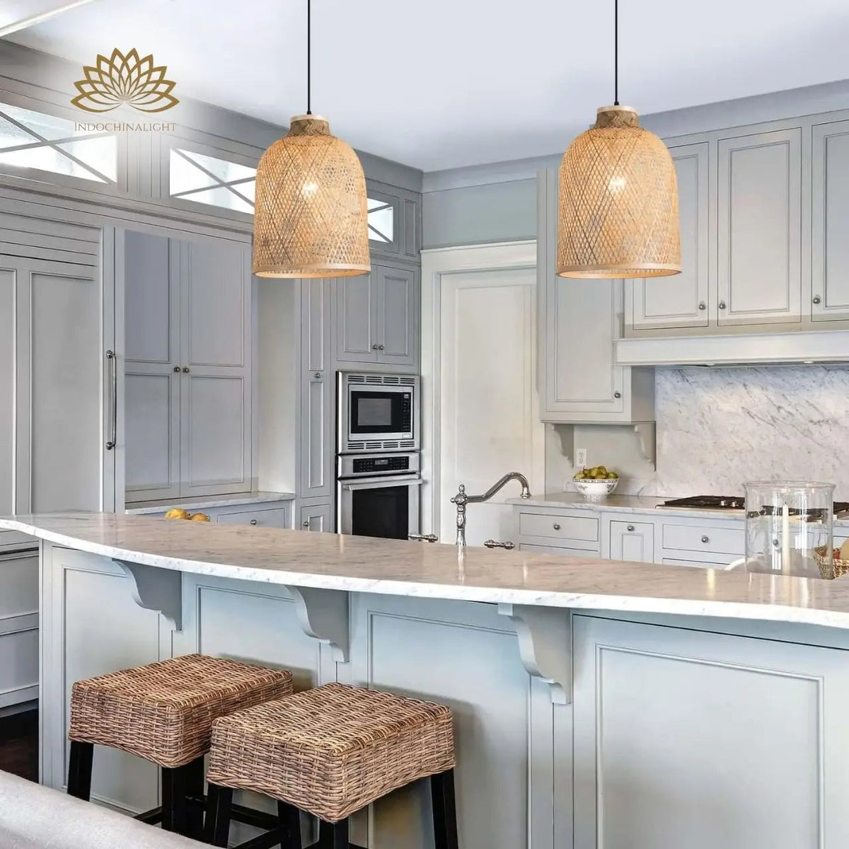 Lampada Natural Bamboo Pendant over kitchen island, clustered tall bell shades keep the diamond lattice visible while lifting light over the work surface