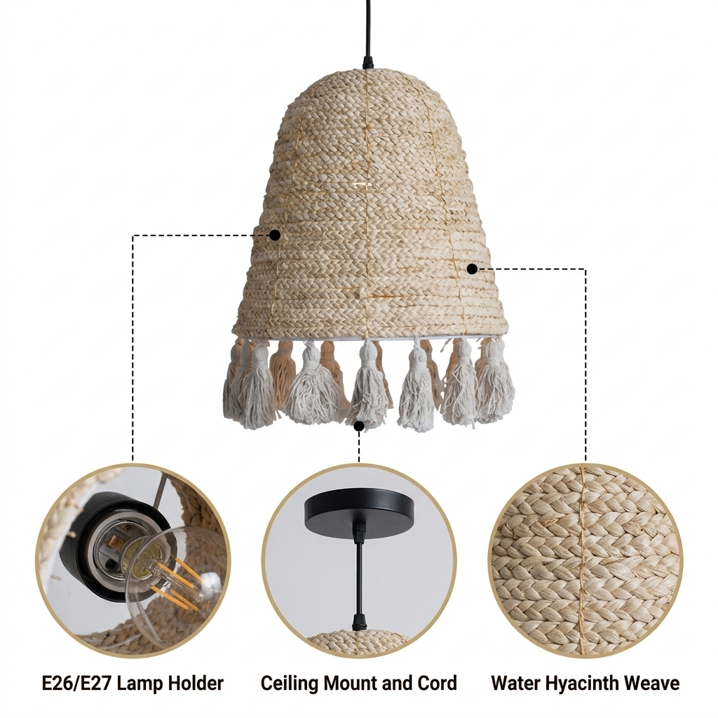 Lampara Wabi Sabi Boho Wicker Pendant Light with dense hyacinth basket weave, white matte finish, adjustable swag or hardwired mount, one E26 socket for soft ambient glow
