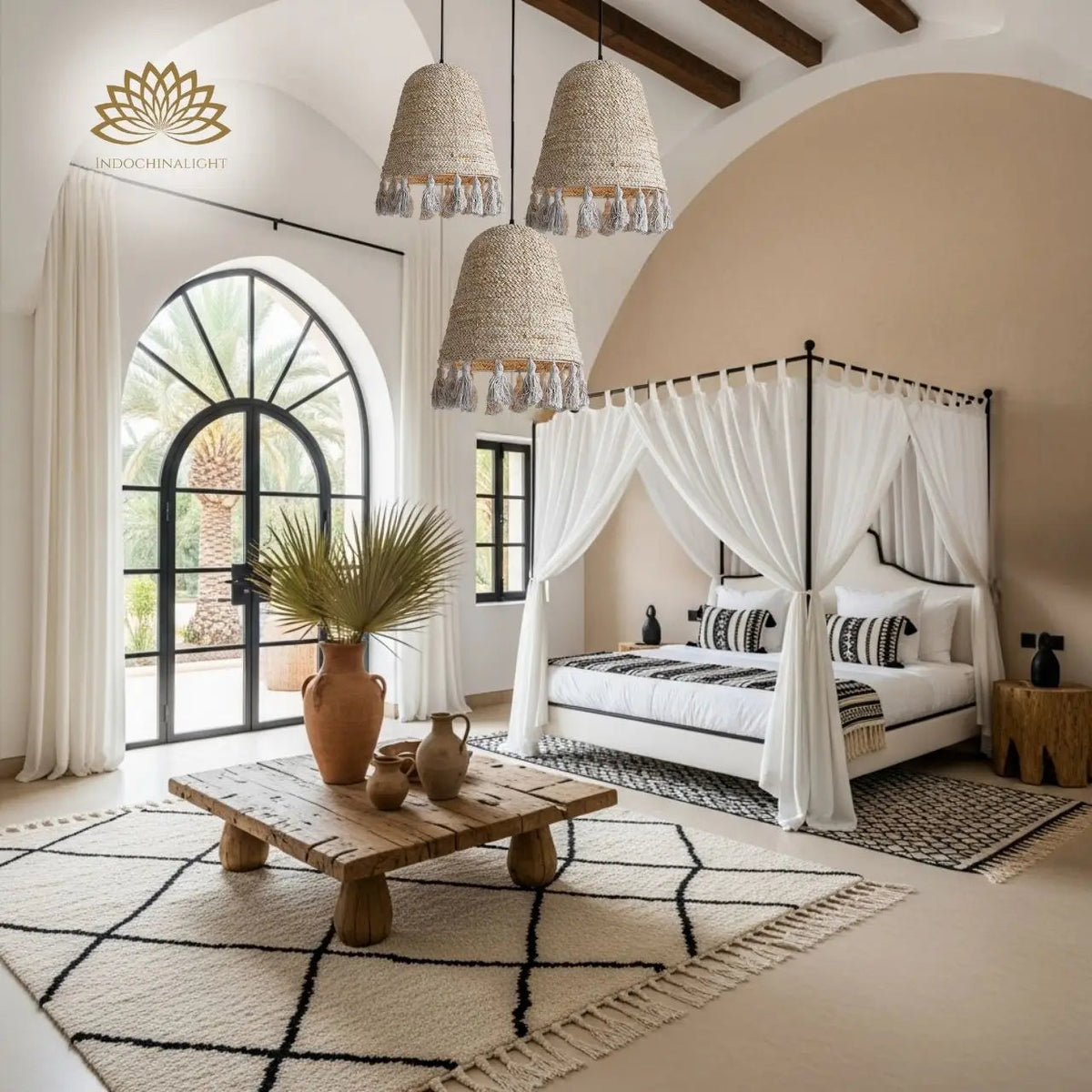 Lampara Wabi Sabi Wicker Pendant in bedroom, narrow bell shade replaces a table lamp beside the bed, staying proportional to the nightstand below