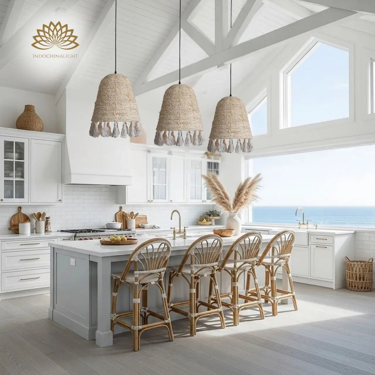 Lampara Wabi Sabi Wicker Pendant over kitchen island, clustered bell shades pass enough dense-woven light for prep work with a higher-lumen bulb