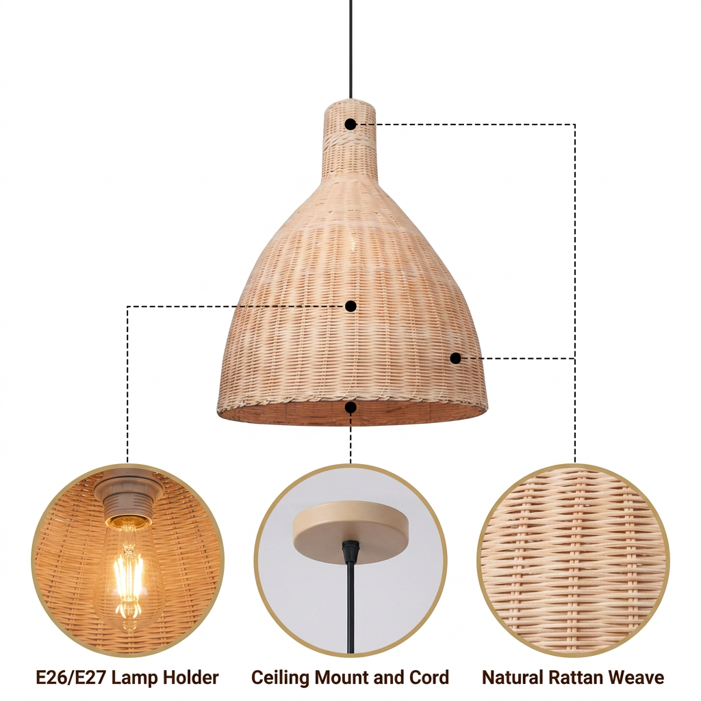 Lana Boho Large Wicker Rattan Pendant Light with dense hand-woven basket weave and cylindrical neck, natural matte finish, hardwired or swag mount, one E26 socket for glow